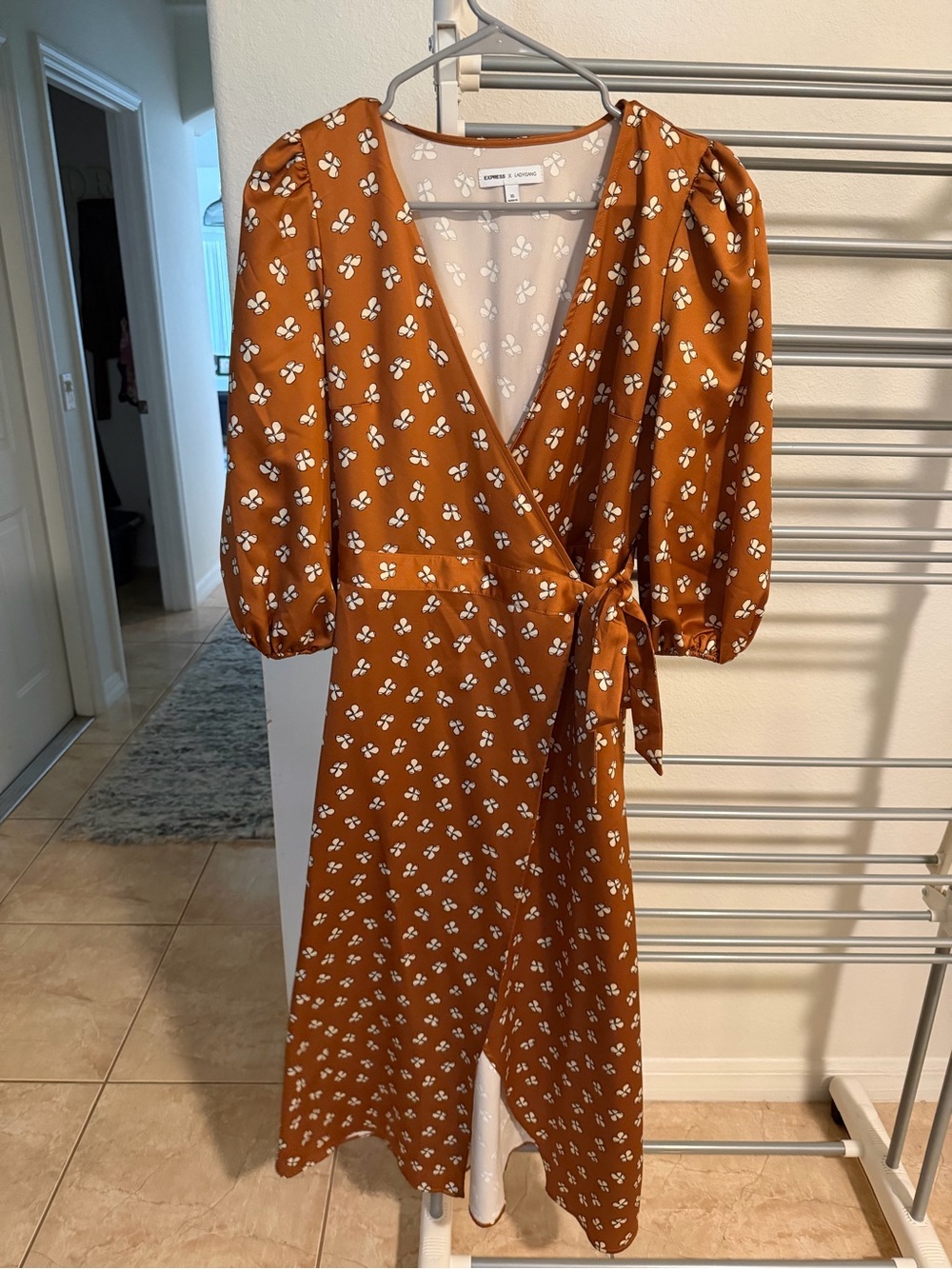 Express Rust Floral Wrap Midi Dress with Puff Sleeves